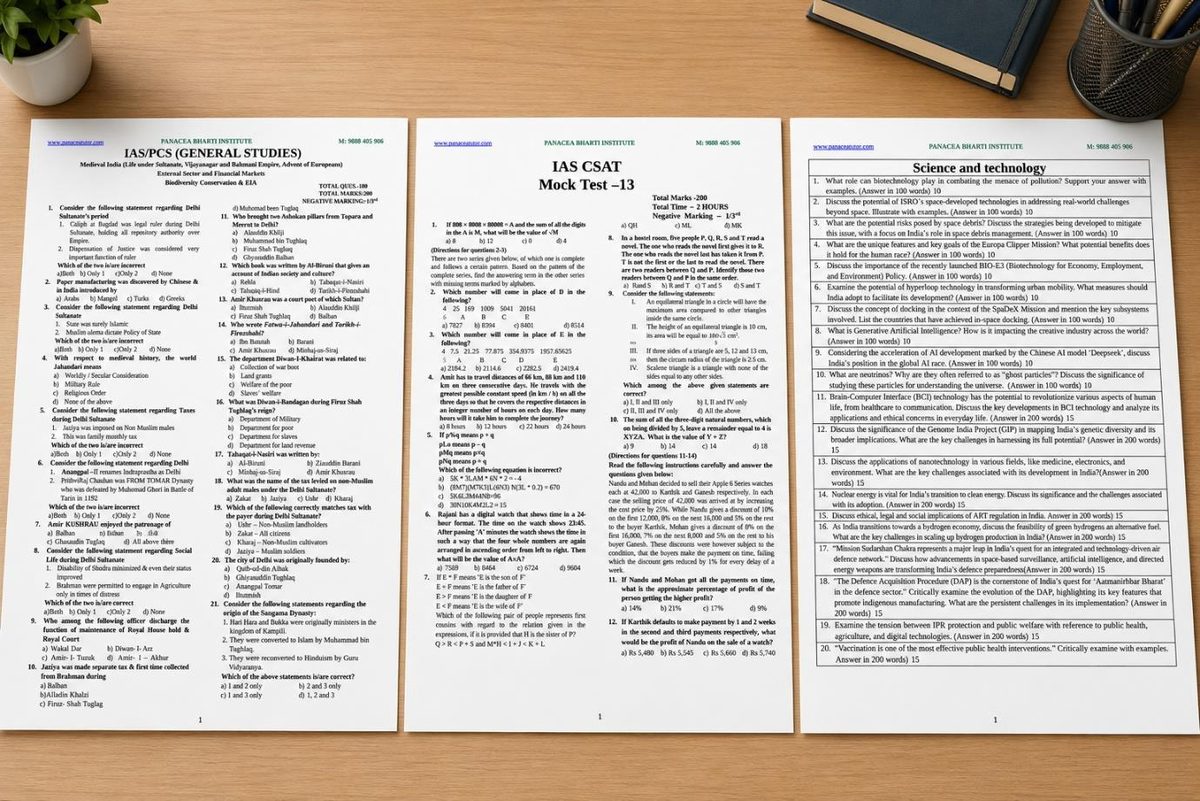 IAS and PCS General Studies and CSAT mock test papers set at Panacea Bharti Institute