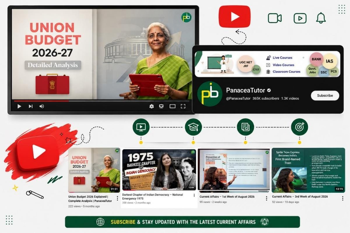 Recorded current affairs classes on the PanaceaTutor YouTube channel, including a detailed Union Budget analysis