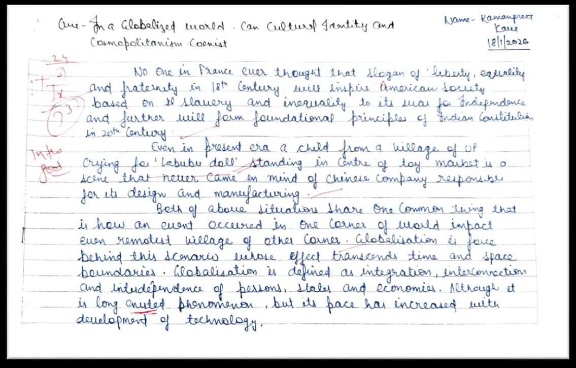 A handwritten mains answer sheet with the evaluator's marks and comments in the margin