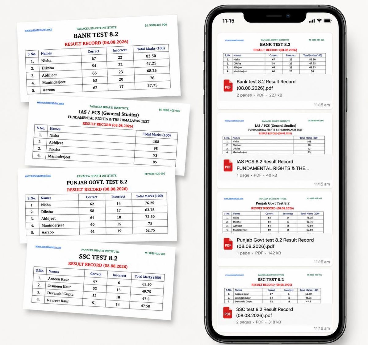 Weekly test result records for Bank, IAS PCS, Punjab Government and SSC tests, also available on mobile
