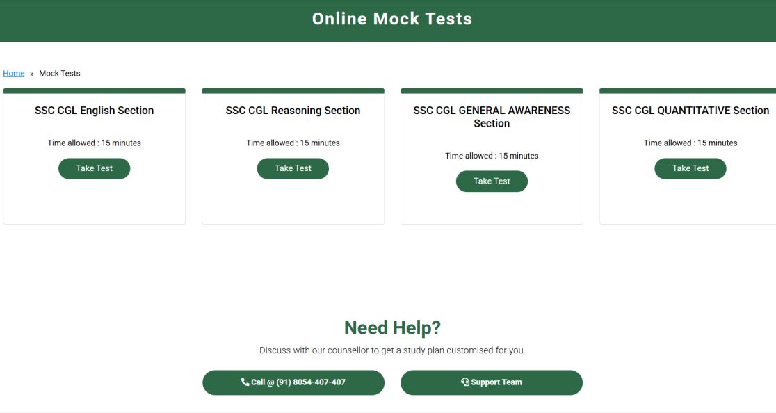 Sectional online mock tests for SSC CGL English, Reasoning, General Awareness and Quantitative sections on PanaceaTutor